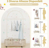Appendiabiti per Bambini con 3 Altezze Regolabili, Supporto per Abiti con Ruote, con Asta e Cesto Portaoggetti in Ferro, per Stanza dei Bambini Soggiorno, 81x34x182 cm (Bianco)