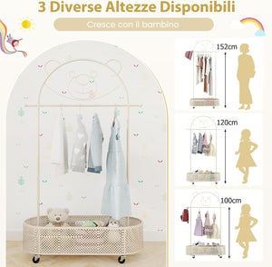 Appendiabiti per Bambini con 3 Altezze Regolabili, Supporto per Abiti con Ruote, con Asta e Cesto Portaoggetti in Ferro, per Stanza dei Bambini Soggiorno, 81x34x182 cm (Bianco)