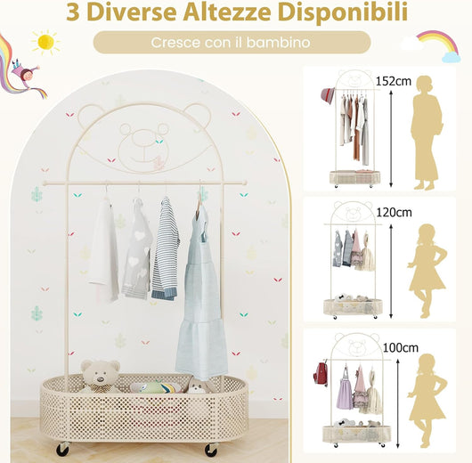 Appendiabiti per Bambini con 3 Altezze Regolabili, Supporto per Abiti con Ruote, con Asta e Cesto Portaoggetti in Ferro, per Stanza dei Bambini Soggiorno, 81x34x182 cm (Bianco)