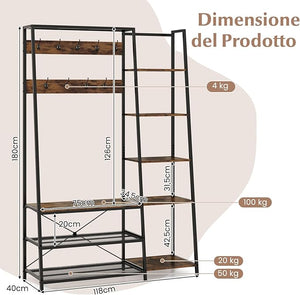 5 in 1 Appendiabiti con Ripiani, Stand Appendiabiti con 9 Ganci, 5 Ripiani Laterali e 2 Ripiani in Rete, Attaccapanni Industriale in Metallo, per Ingresso Soggiorno, 118x40x180 cm