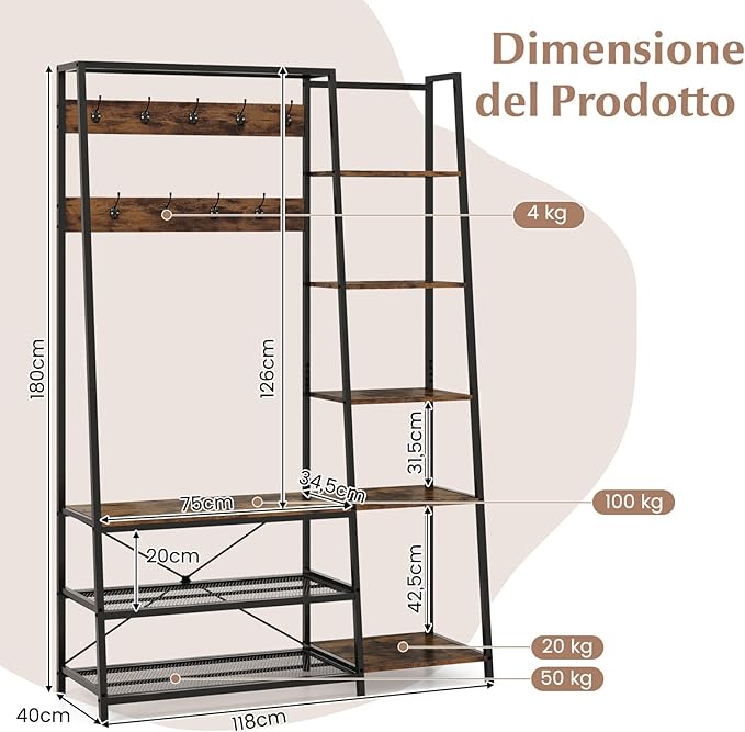 5 in 1 Appendiabiti con Ripiani, Stand Appendiabiti con 9 Ganci, 5 Ripiani Laterali e 2 Ripiani in Rete, Attaccapanni Industriale in Metallo, per Ingresso Soggiorno, 118x40x180 cm