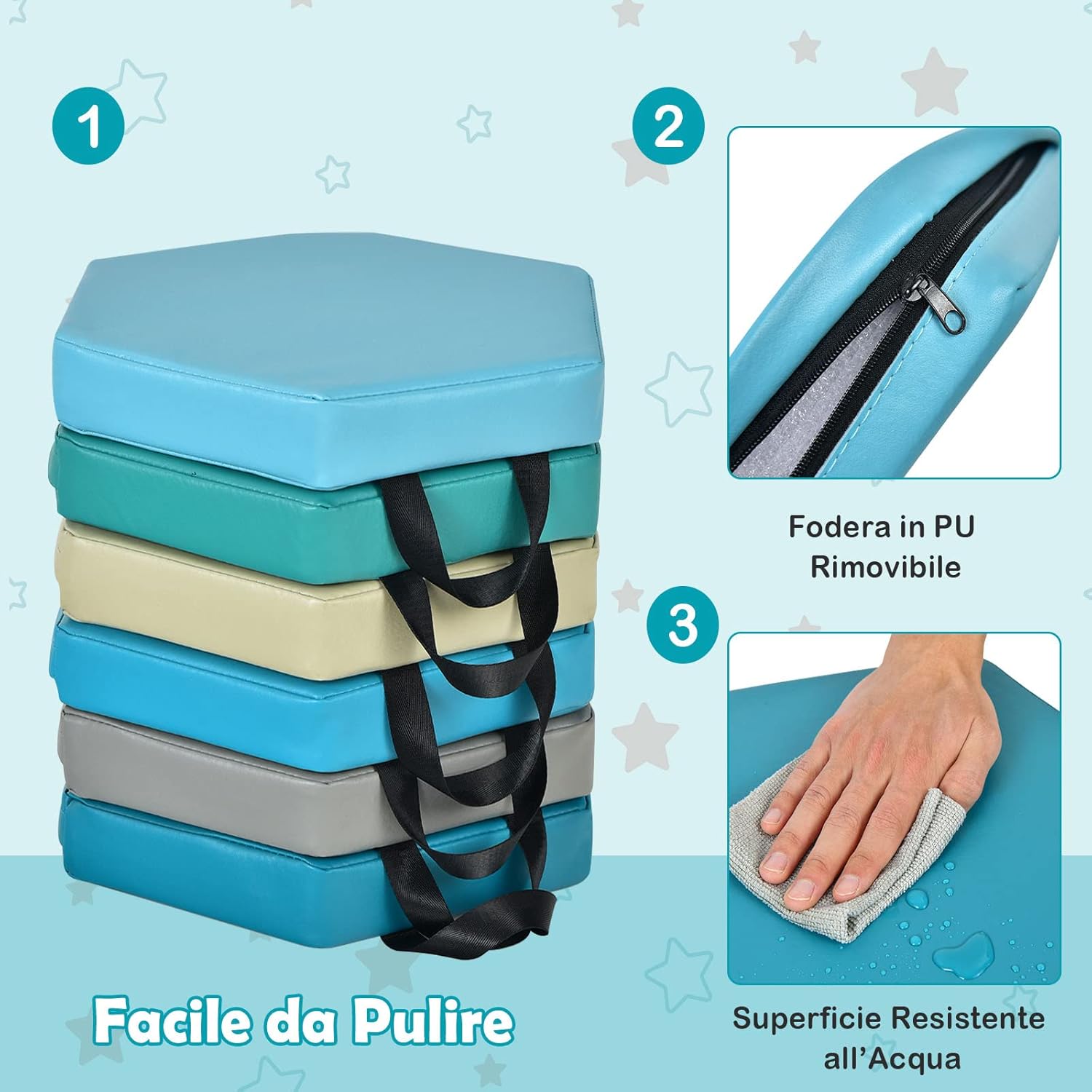 6 Cuscini Esagonali per Bambini con Maniglie, Imbottitura in Schiuma di 5 cm, Sedili Portatili e Flessibili per Asilo Nido, 38 x 34 cm (Morandi)