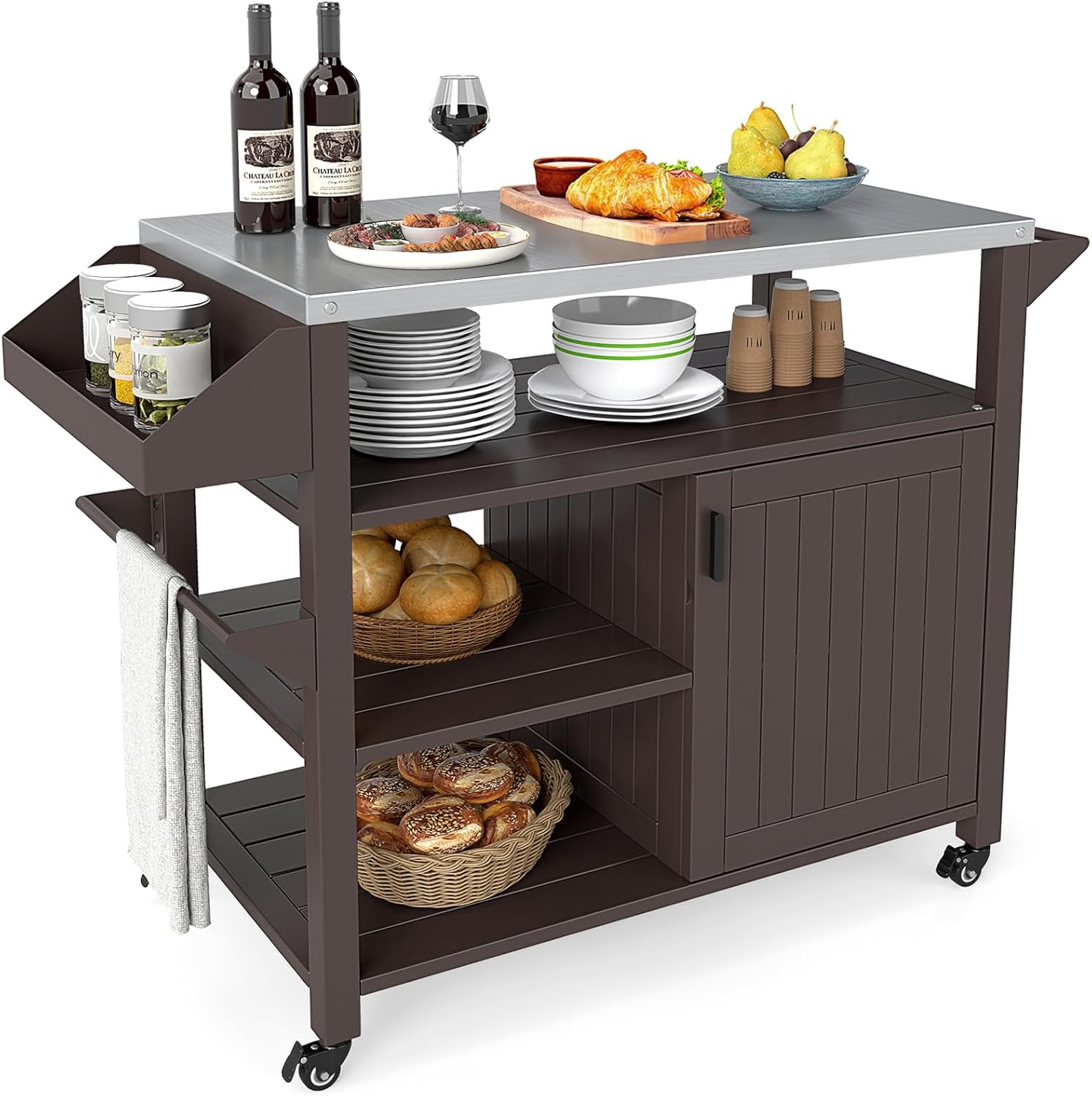 Carrello per Grill da Esterno, Carrello in Metallo con Armadietto, Ruote Bloccabili Universali, Ripiani e Piano in Acciaio Inox, Isola da Cucina per Barbecue, Festa e Campeggio