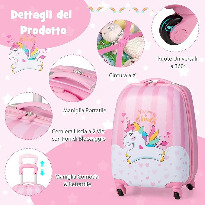 Set di Valigia per Bambini, 16" Valigia+ 12" Zaino, 2 Pezzi, con Ruote Girevoli a 360° e Maniglia Retrattile, Ideale per Viaggiare in Modo Comodo e Divertente (Modello 2)