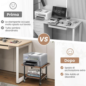 Supporto per Stampante, Carrello Stampante con Ruote Girevoli a 360⁰, Design Rimovibile, Superficie Ampia e Liscia, di Legno e Acciaio, 49 x 40 x 37 cm (Marrone)