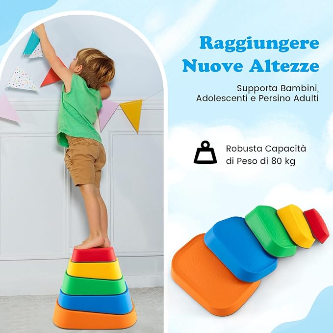 Pietre di Bilanciamento per Bambini 3+ Anni, Pietre Impilabili Antiscivolo da Interno/Esterno, Stepping Stones per Promuove la Coordinazione dell'Equilibrio e la Forza