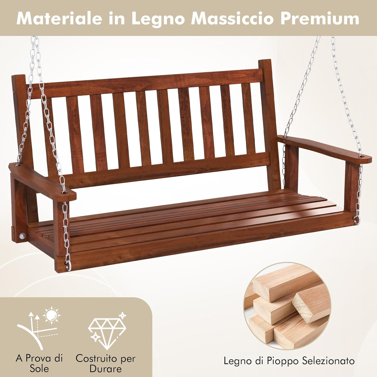 Altalena da Giardino in Legno per 2 Persone, Panchina Sospese in Legno con Capacità di Peso di 230 kg, Sedia a Dondolo per Giardino, Cortile (136 x 67 x 63 cm, Marrone)