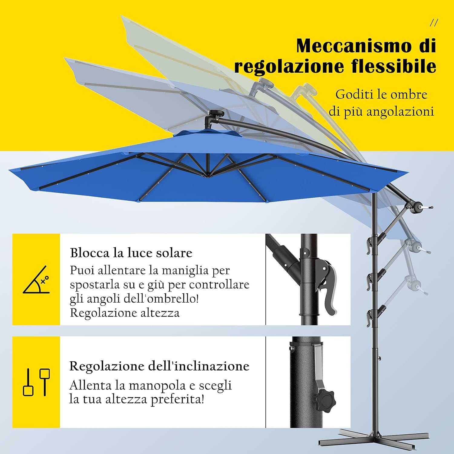 Ombrellone da Giardino con Luci LED, Diametro 3M, Ombrellone da Esterno con Inclinazione Regolabile e 8 Costole, Protezione UV, Ideale per Piscina, Balcone, Giardino, Bar (Blu)