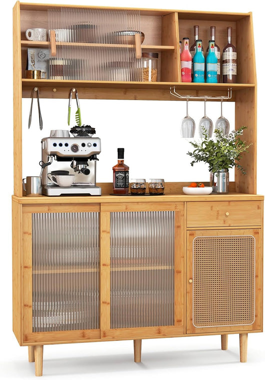 Credenza da Cucina, Mobiletto da Cucina con Anta in Vetro Temperato, Cassetto, Scaffali Aperti e Ganci, in Bambù, per Sala da Pranzo, Cucina, Salotto, 120 x 35 x 175 cm
