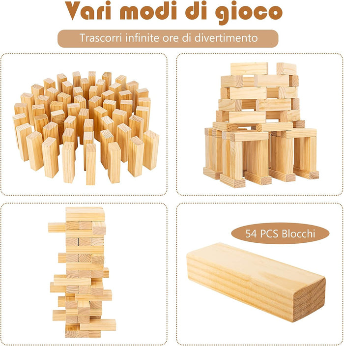 54 Blocchi di Legno di Pino con Angoli Curvi, Mattoncini Giocattoli, Torre di Legno Gigante con Borsa di Trasporto, Ideale per Feste e Party