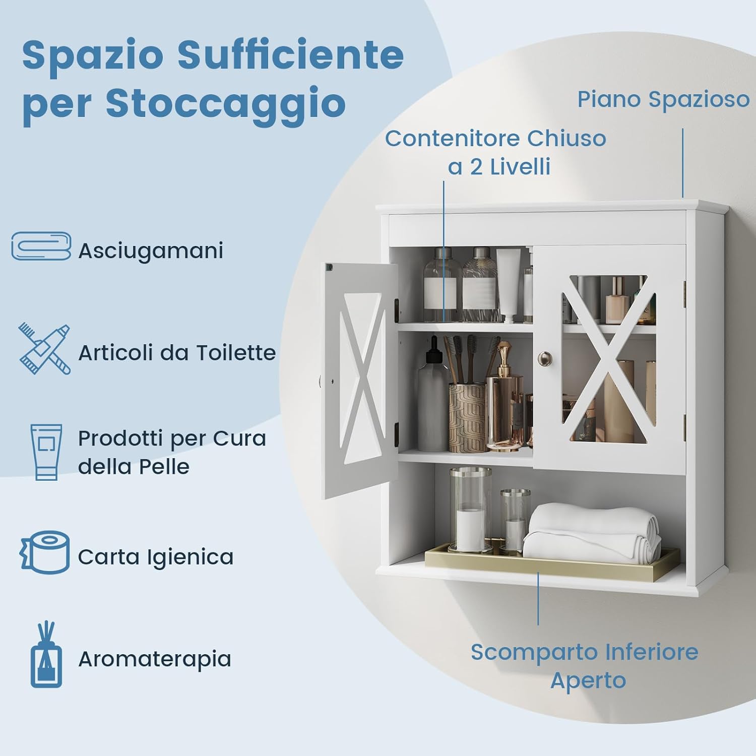 Mobile Bagno Sospeso 54 x 20 x 60 cm, Armadietto da Parete con 2 Ante in Acrilico, Ripiano Regolabile e Scomparto Aperto, Mobiletto da Muro per Lavanderia e Cucina