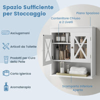 Mobile Bagno Sospeso 54 x 20 x 60 cm, Armadietto da Parete con 2 Ante in Acrilico, Ripiano Regolabile e Scomparto Aperto, Mobiletto da Muro per Lavanderia e Cucina