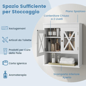 Mobile Bagno Sospeso 54 x 20 x 60 cm, Armadietto da Parete con 2 Ante in Acrilico, Ripiano Regolabile e Scomparto Aperto, Mobiletto da Muro per Lavanderia e Cucina