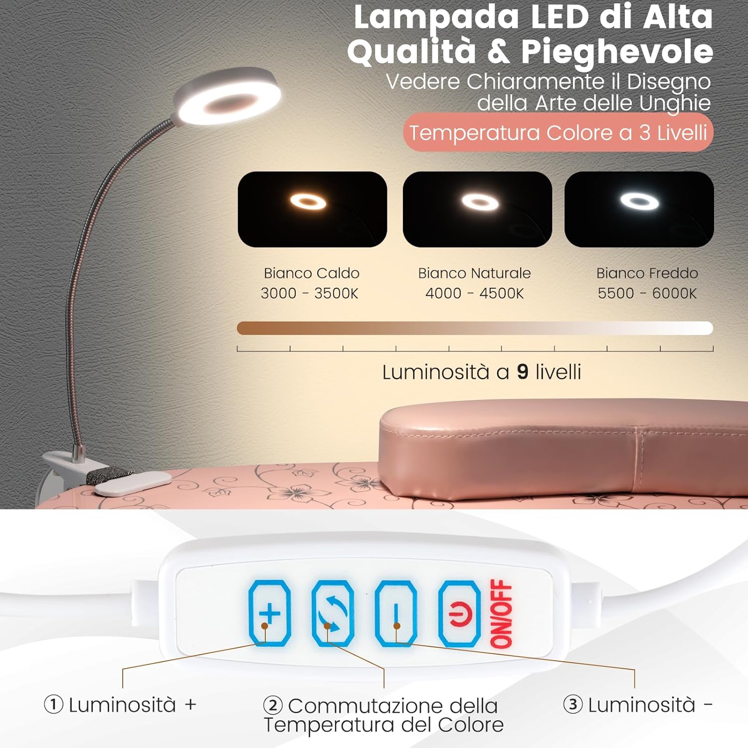 Tavolo per Manicure Pieghevole con Aspiratore, Tavolo per Unghie Portatile con Luce LED Regolabile, Cuscino Poggia Polso Rimovibile, Borsa da Trasporto e 4 Ruote Bloccabili (Rosa)