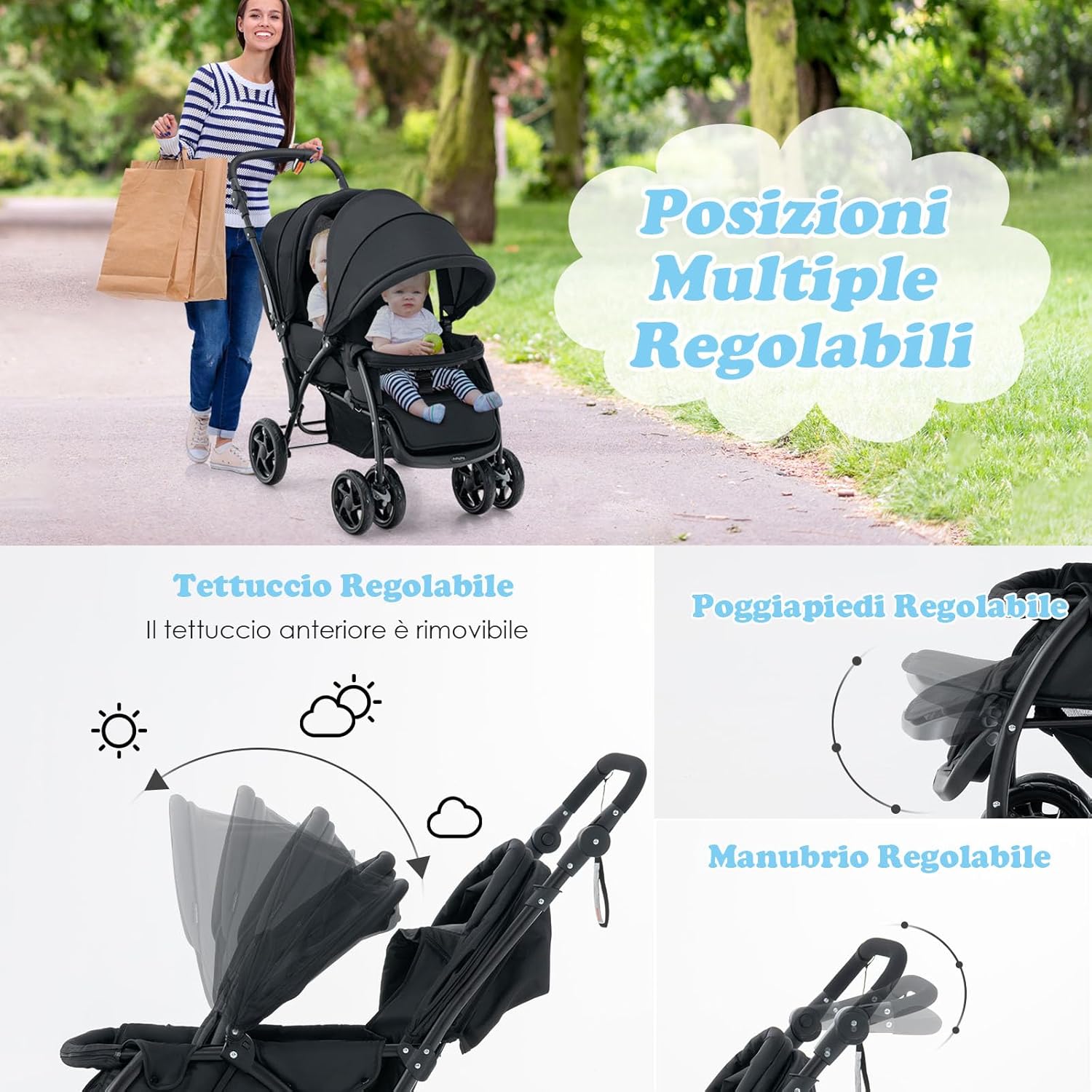 Passeggino Doppio Pieghevole per Bambini, Passeggino Gemellare Pieghevole, con Seduta in Tandem e Tettuccio, Schienale Regolabile, Ruote Bloccabili e Antiurto, Portata Totale 30 kg (Nero)
