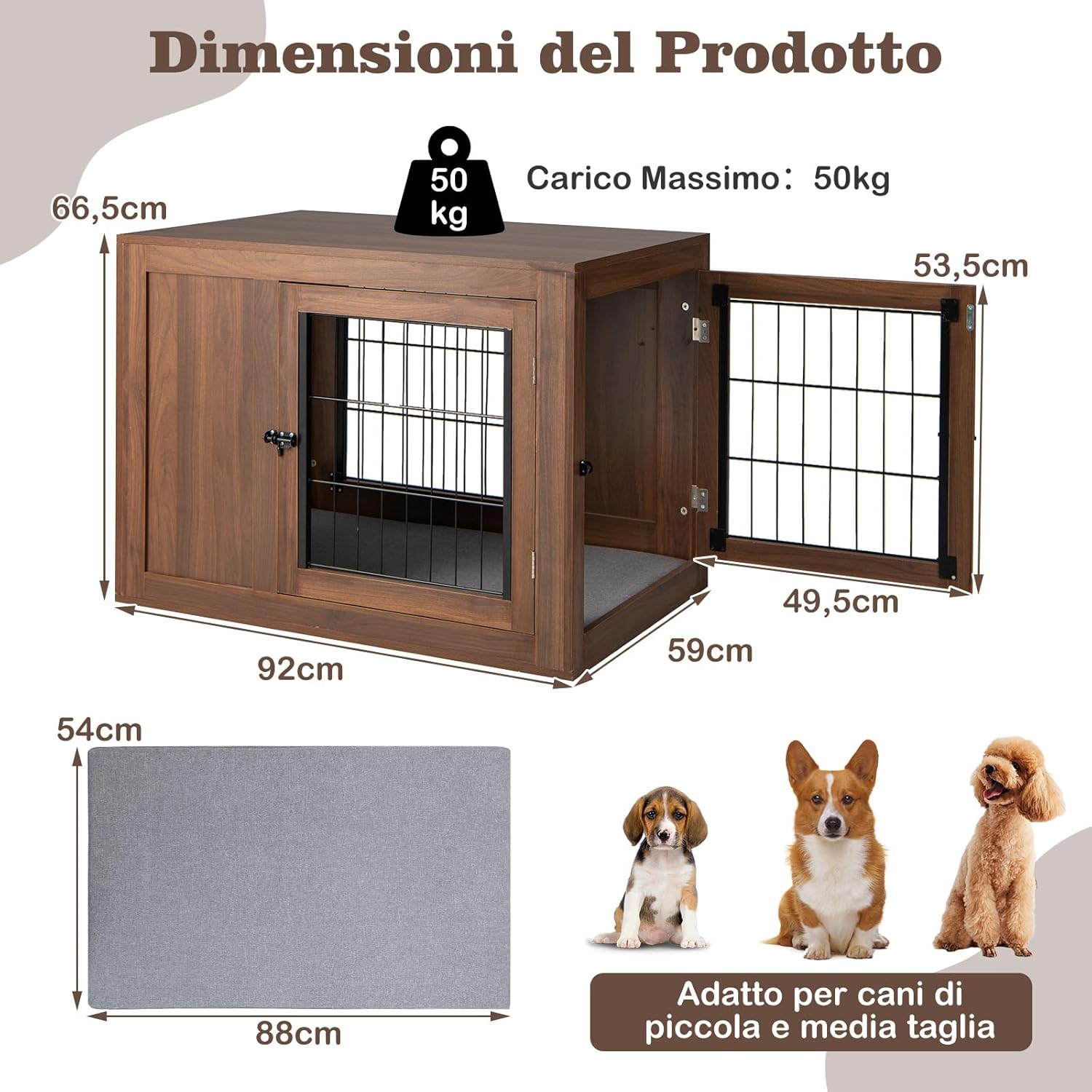 Gabbia per Cani con Doppie Porte Bloccabili, Cuccia in Legno per Cani con Cusino e Rete Metallica Antimorso, Kennel per Cani di Piccola e Media Taglia, per Uso Interno, 92 x 59 x 66,5 cm