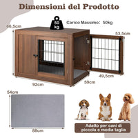 Gabbia per Cani con Doppie Porte Bloccabili, Cuccia in Legno per Cani con Cusino e Rete Metallica Antimorso, Kennel per Cani di Piccola e Media Taglia, per Uso Interno, 92 x 59 x 66,5 cm