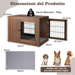 Gabbia per Cani con Doppie Porte Bloccabili, Cuccia in Legno per Cani con Cusino e Rete Metallica Antimorso, Kennel per Cani di Piccola e Media Taglia, per Uso Interno, 92 x 59 x 66,5 cm