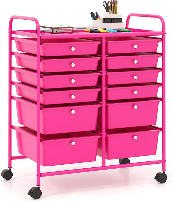 Carrello con 12 Cassetti con Ruote, Carrello di Stoccaggio Multiuso con Ampio Spazio di Archiviazione, Ideale per Casa Ufficio Domestico, 73,5 x 37 x 63 cm (Rosa)