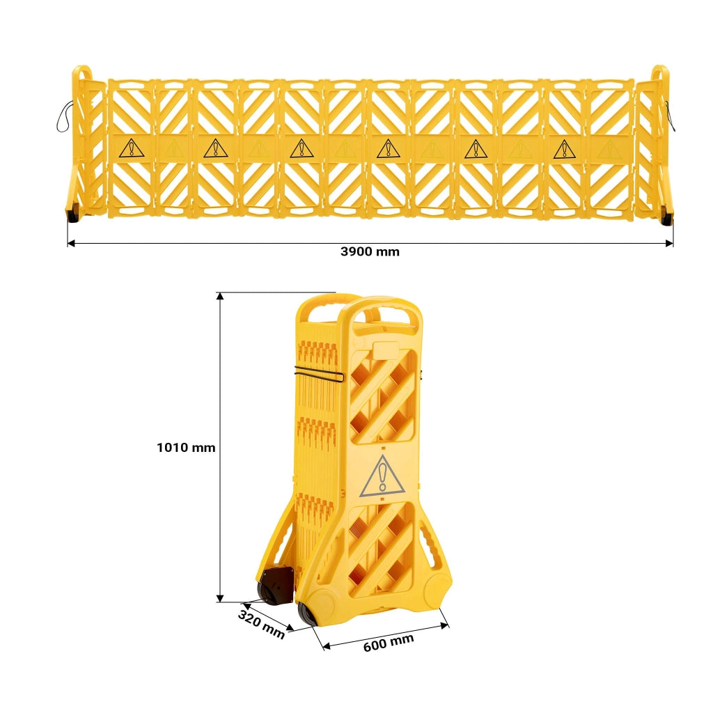 Barriera mobile portatile, barriera pieghevole 60 x 32 x 101 cm, recinzione estensibile fino a 3,9 m con ruote e maniglie, barriera in PE robusto
