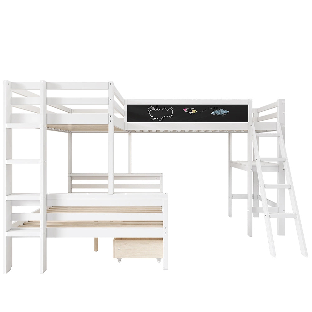 Letto a castello 140x200 e 90x200 - Xylo - 3 posti, cassetti, scrivania, scaffale, bianco