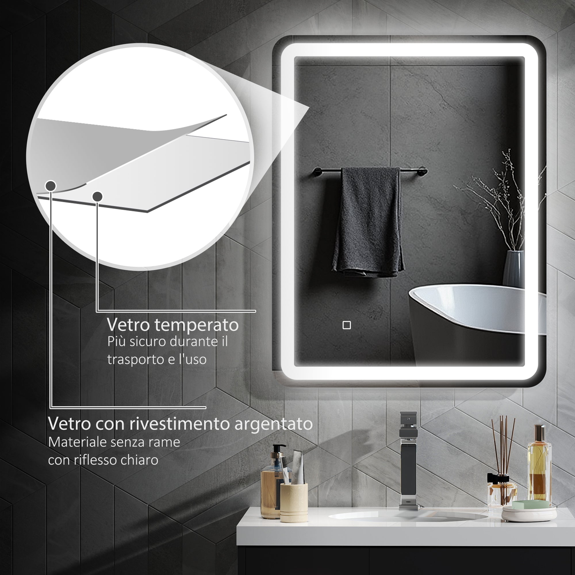 Specchio Bagno 70x90 cm LED Touch con Luce Dimmerabile a 3 Temperature e Antiappannamento