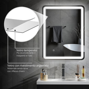 Specchio Bagno 70x90 cm LED Touch con Luce Dimmerabile a 3 Temperature e Antiappannamento