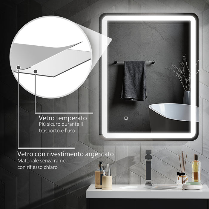 Specchio Bagno 70x90 cm LED Touch con Luce Dimmerabile a 3 Temperature e Antiappannamento