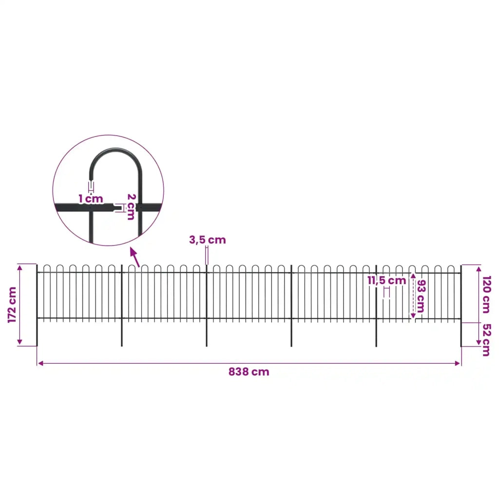 Recinzione da Giardino con Parte Superiore ad Anello in Acciaio 838x120 cm Nero 277669