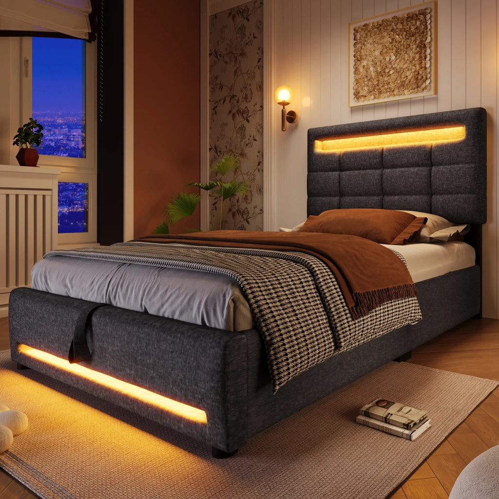LETTO Contenitore 90x200 cm Lino Grigio con LED APP e USB