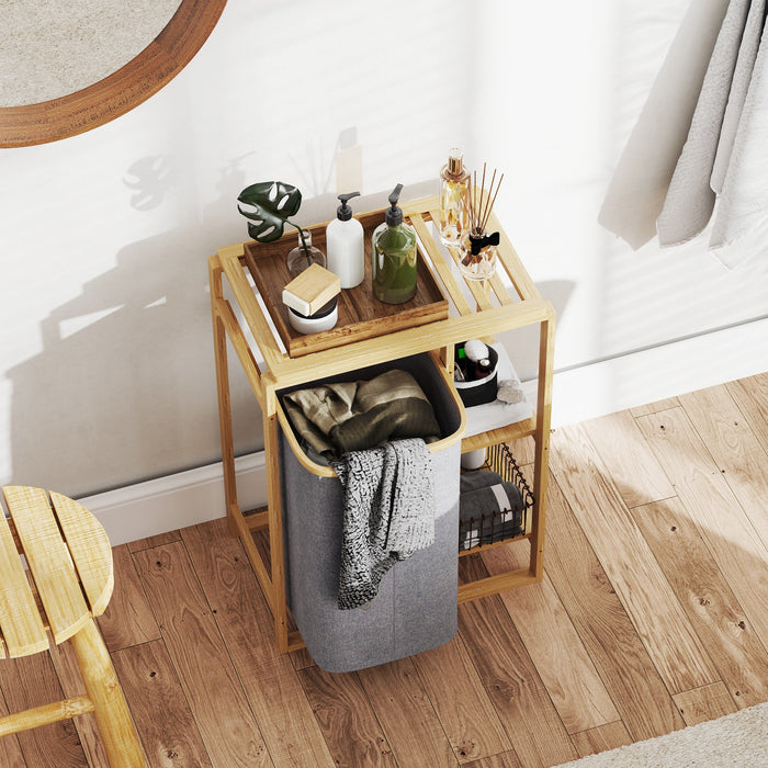 Cesto Portabiancheria 50x32x70 cm con Borsa Estraibile e Ripiano in Bambù Grigio