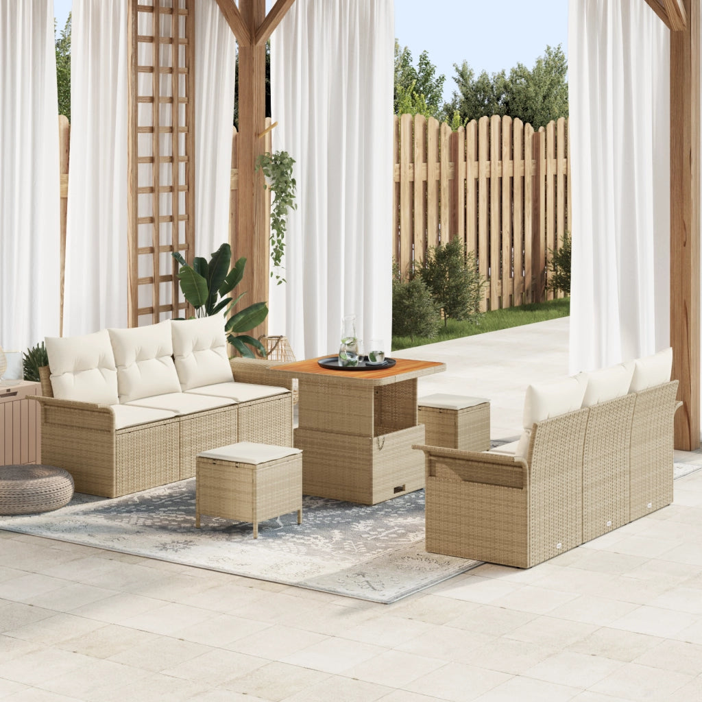 Set Divano da Giardino 9 Pezzi con Cuscini in Polyrattan Beige