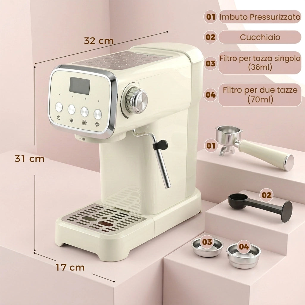 Macchina Caffè Espresso Semiautomatica 20 Bar 1350W con Lancia Montalatte e Scaldatazze per Casa Compatta e Pratica