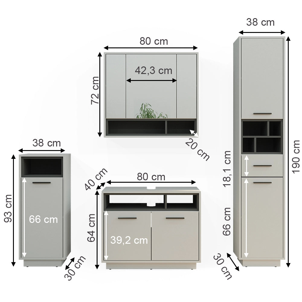 Set di mobili da bagno Beatrice Grigio 4 pezzi Vicco
