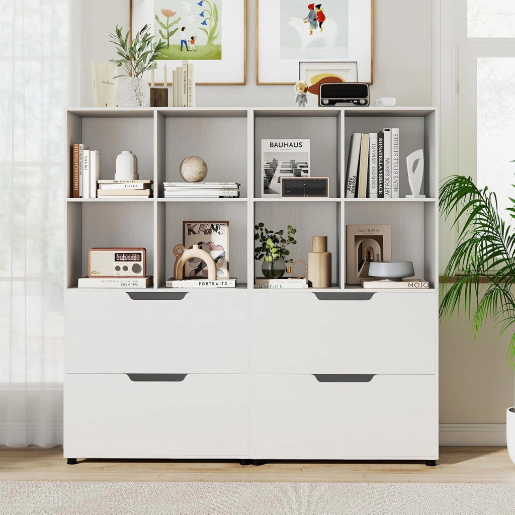 Libreria con 4 cubi e 2 cassetti, scaffale da libreria a piedi con kit antiribaltamento, mobile di stoccaggio autoportante per ufficio, soggiorno, ufficio casa (bianco)