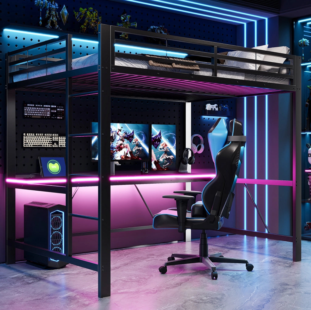 Letto a soppalco gaming 140x200 con LED, scrivania, nero