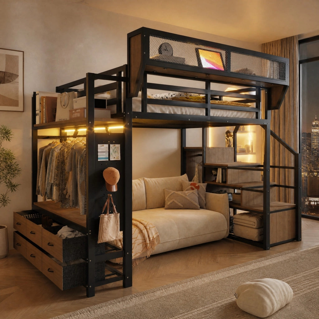 Letto a soppalco in metallo 140 x 200 cm con LED, scala laterale e ampio spazio contenitivo, nero