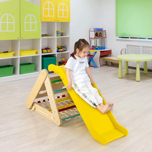 Set 4 in1 Arrampicata per Bambini, Arrampicata a Triangolo con Scivolo, Set di Arrampicata in Legno per Interni e Esterni con Rete di Arrampicata, Carico 50kg, 1 Anni+ (Colorato)