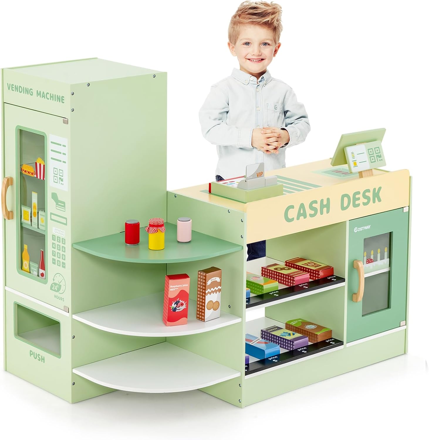 Set di Giocattoli in Legno per il Supermercato, Negozio Alimentare per Bambini con Bancone Cassa, POS, Distributore Automatico, per Bambini 3 - 8 Anni (Verde)