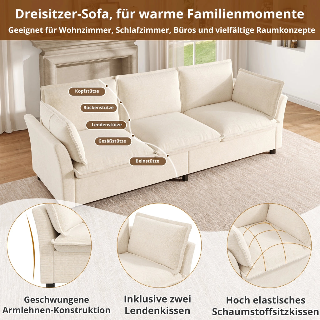Divano 3 posti modulare con seduta ampia e cuscini per braccioli, struttura in metallo, in chenille beige