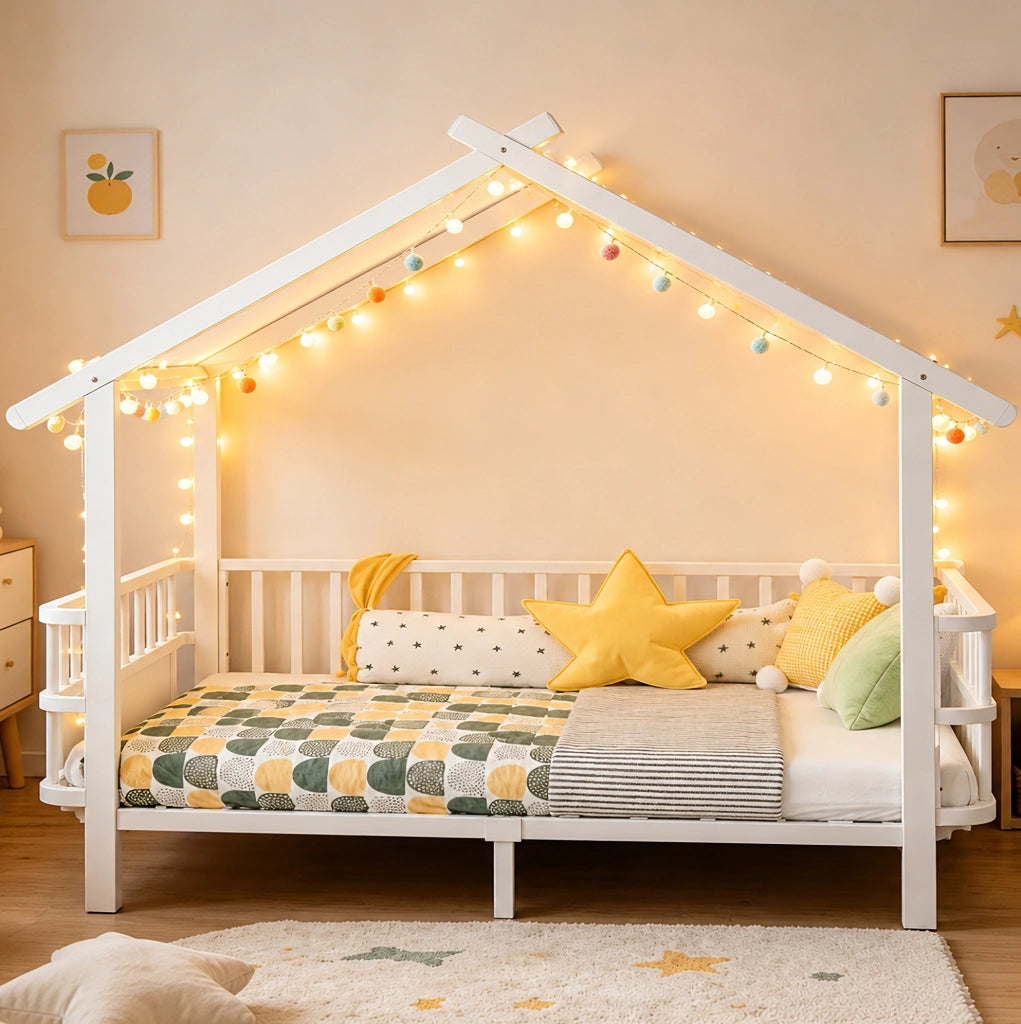 Letto per bambini in metallo a forma di casa 90x200 cm con sponde di sicurezza; bianco