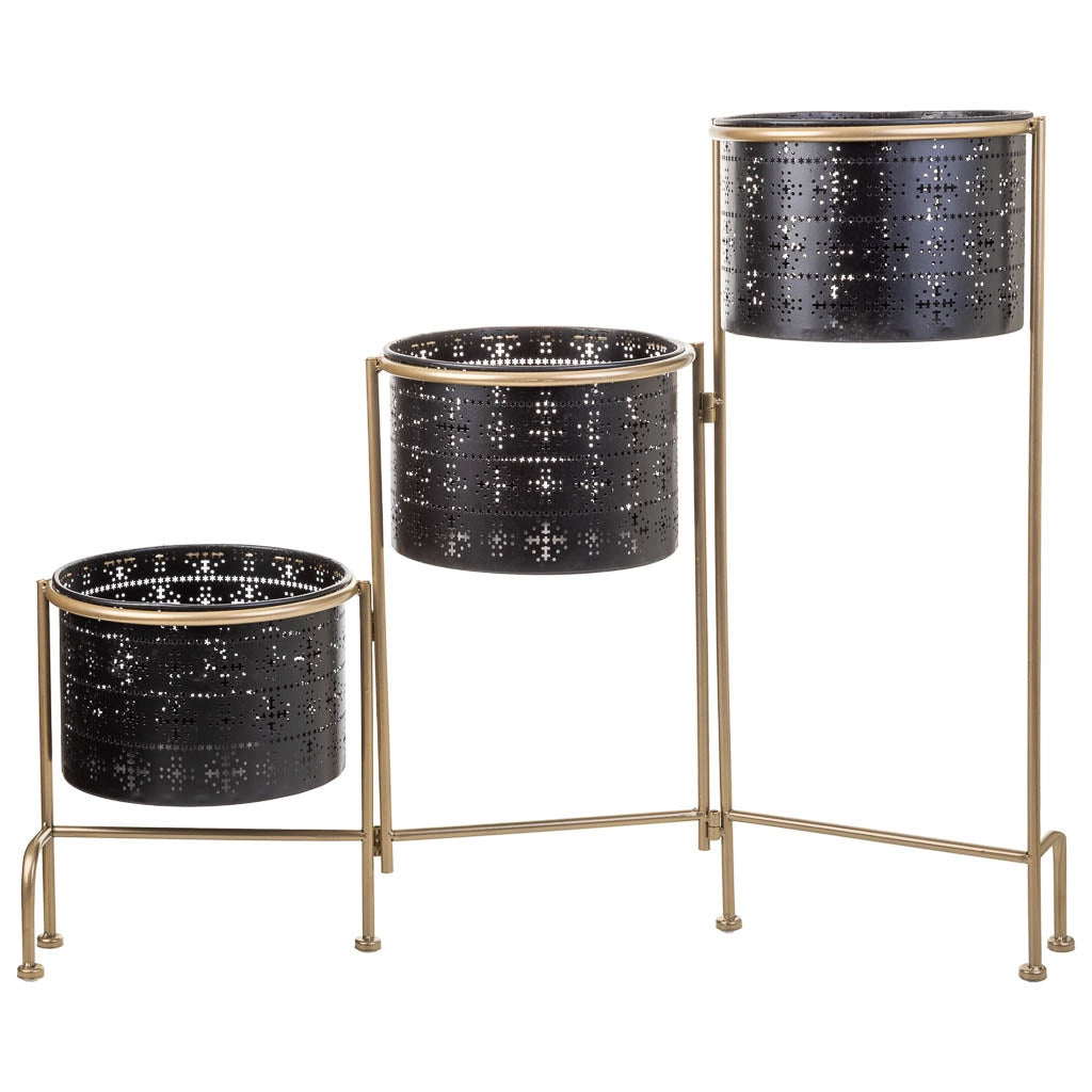 Supporto in metallo con 3 fioriere in metallo nero 80x26x68