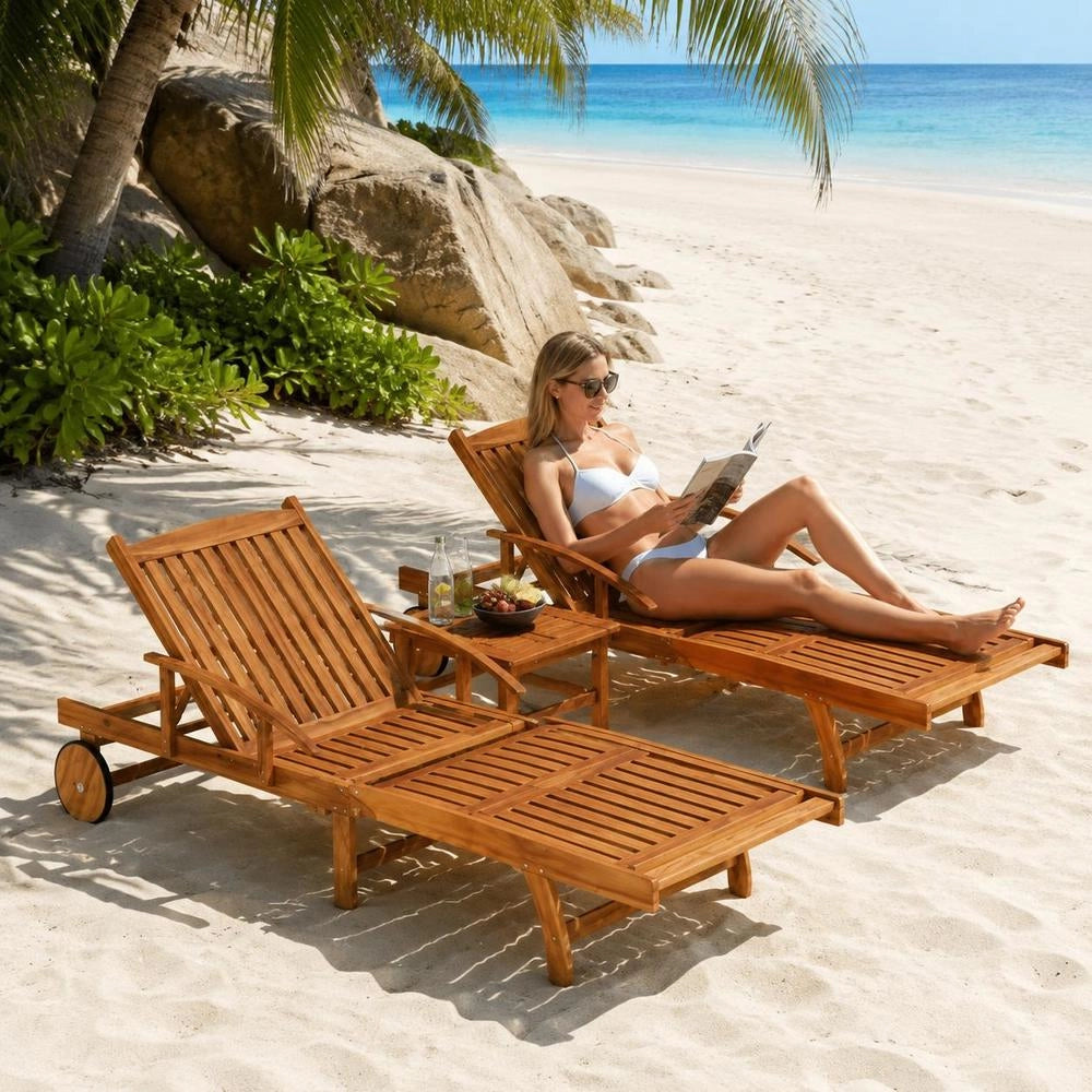Sun Loungers (2 Pieces) With Table, Solid Acacia Wood
