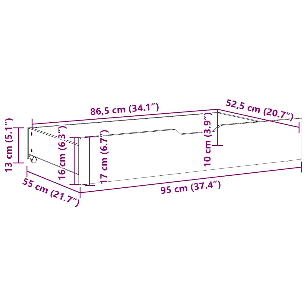 Cassettoni da Letto con Ruote 2 pz 95x55x17 cm in Legno di Pino