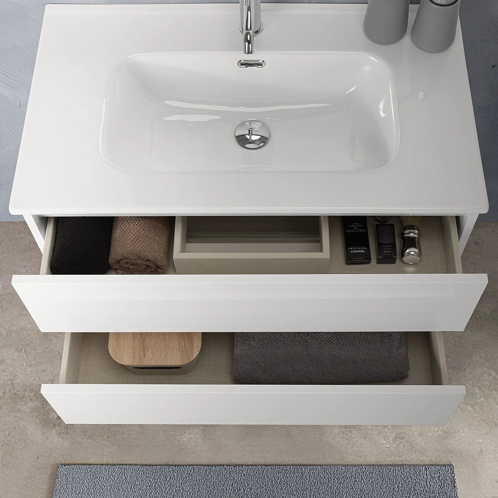 Mobile bagno sospeso 100 cm in legno bianco lucido 2 cassettoni con lavabo e specchio Leda