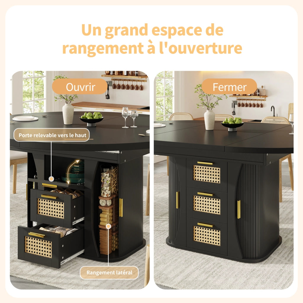 Tavolo da pranzo allungabile con contenitore; cassetti effetto rattan; in MDF e metallo; nero
