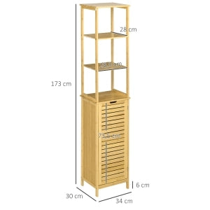 Mobile bagno alto in bambù 34 x 30 x 173 cm con 3 ripiani aperti e vano chiuso, antiribaltamento, naturale