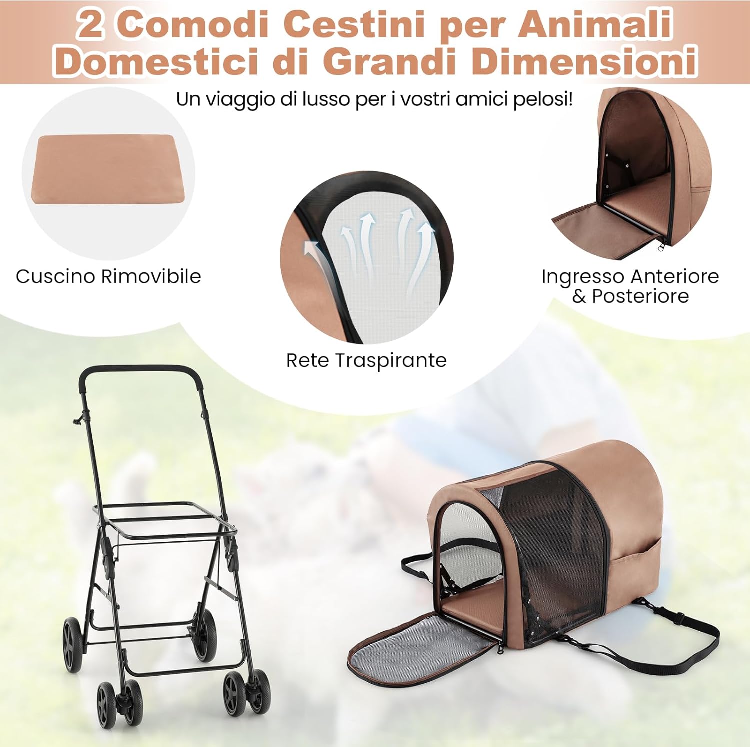 Passeggino per Cani Pieghevole, Carrozzina per Cani Multifunzionale 4 in 1 a Doppio Livello, Passeggino Smontabile con Ruote, Ideale per Passeggiata Viaggio e Shopping (Beige)