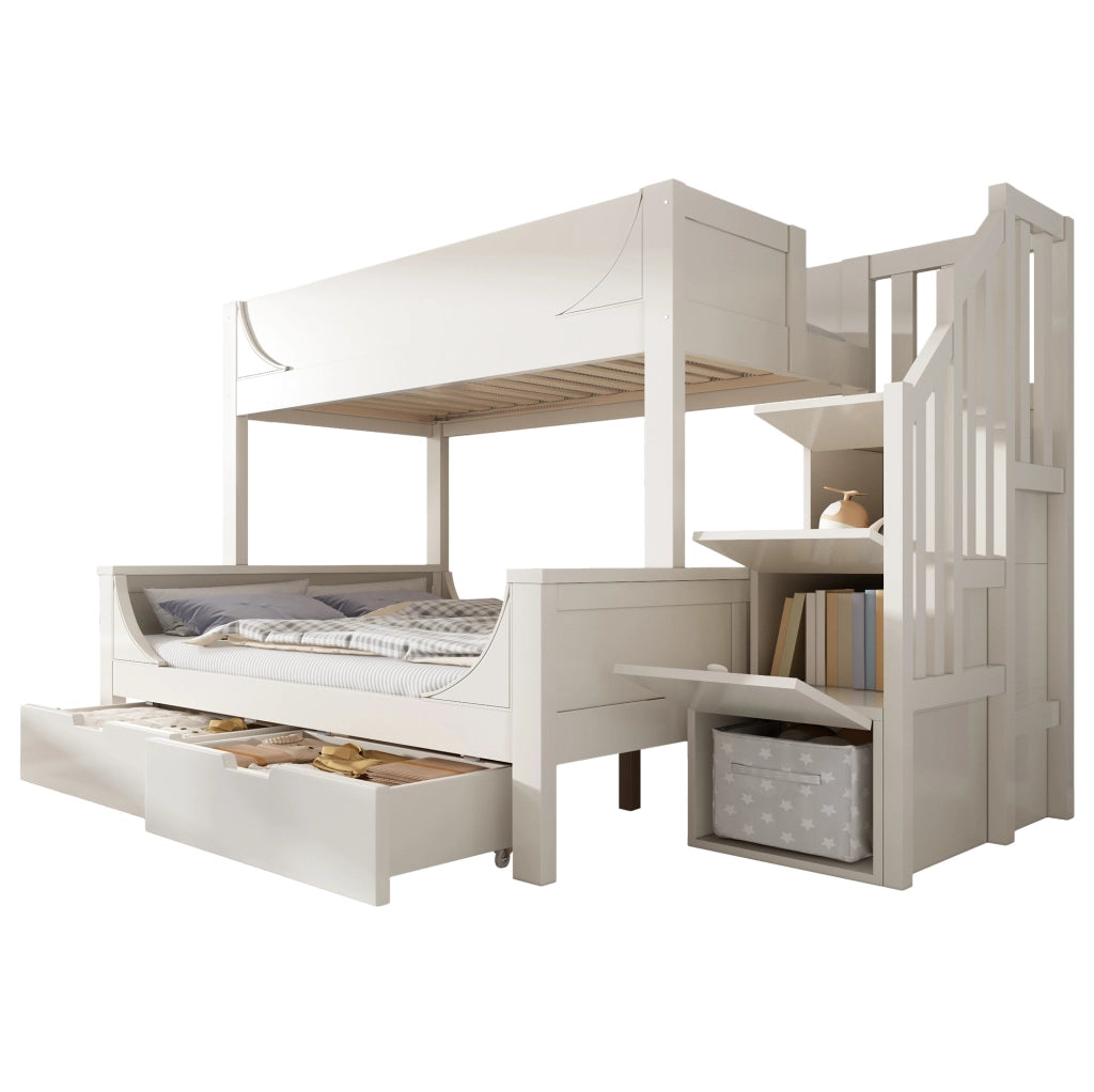 Letto a castello con scala e cassetti 90x200/140x200 cm; bianco; in legno e MDF