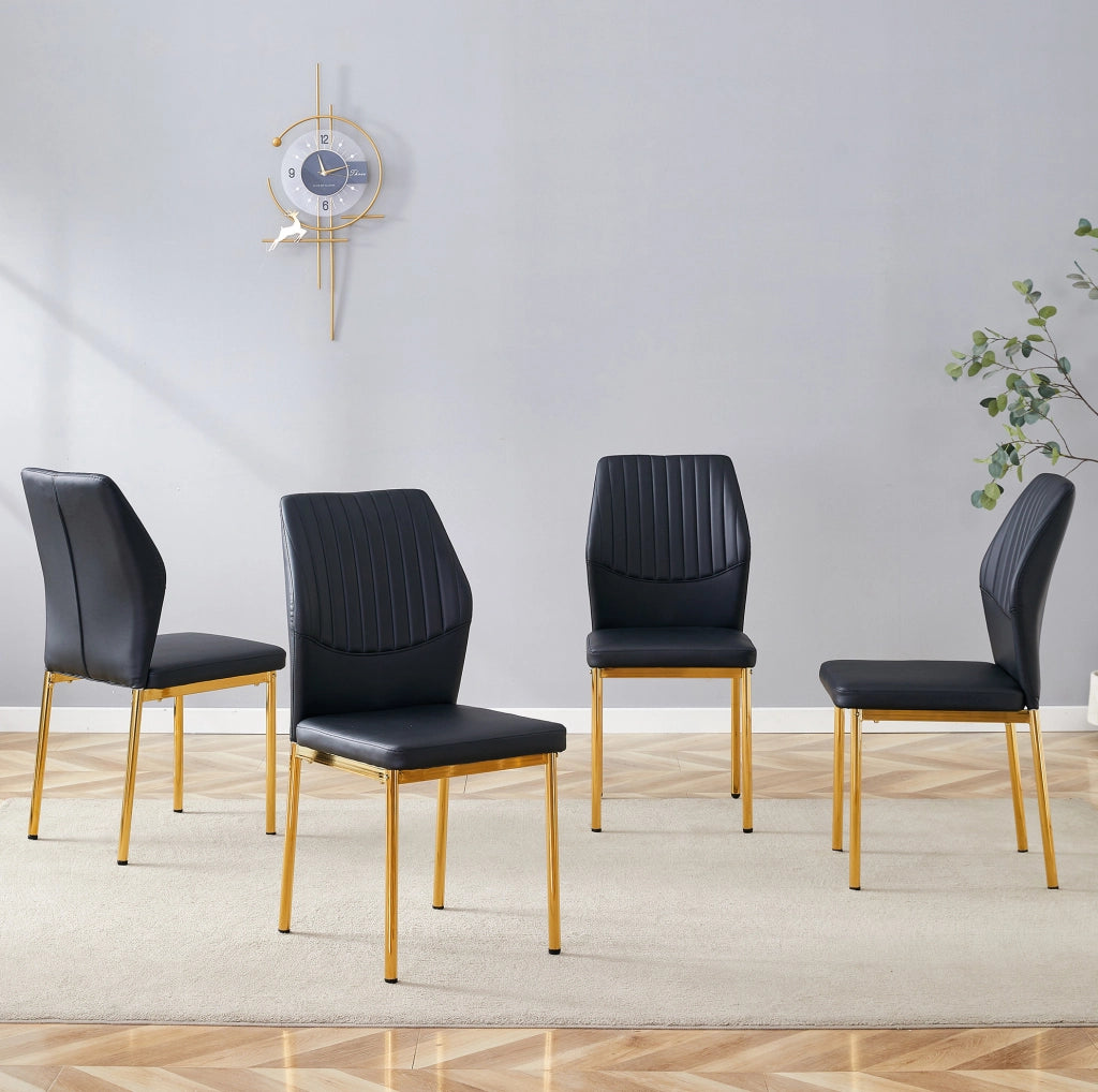 Set 4 sedie da pranzo moderne in PU nero con gambe in metallo oro; altezza 93 cm